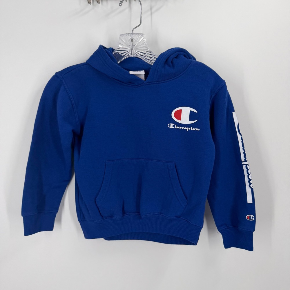 Champion Hoodie Kids Size 6 Blue Logo Sleeve Graphic